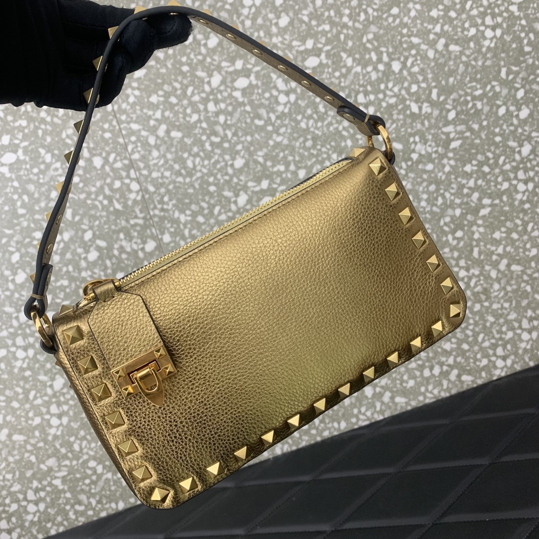 Valentino Garavani Rockstud Small Crossbody Bag in Gold Grainy Calfskin